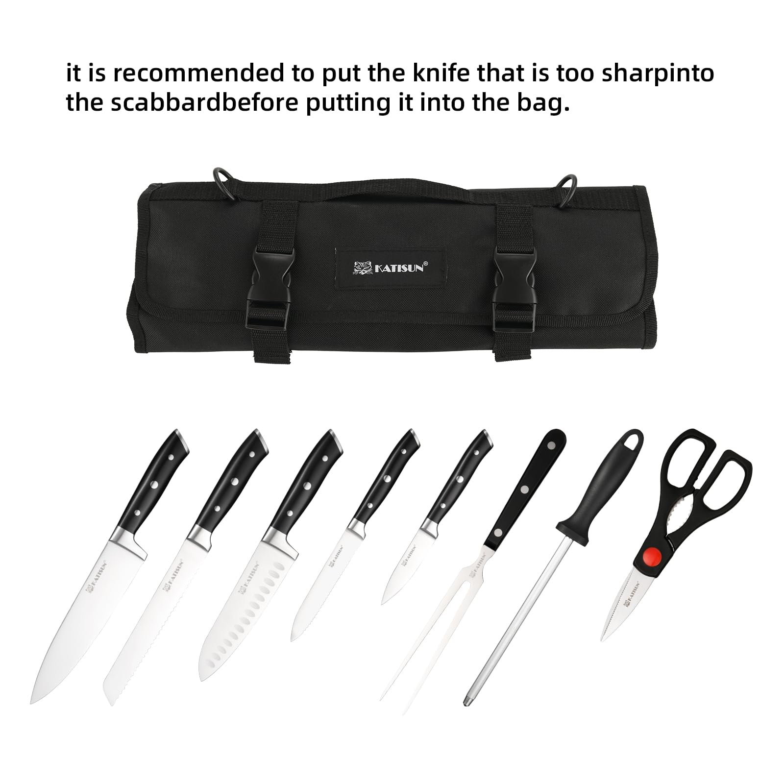 portátil Oxford cuchillo bolsa, 9 ranuras cuchillo y tenedor herramienta rollo bolsa, los cuchillos son Japón 420j2 acero, afilado y duradero
