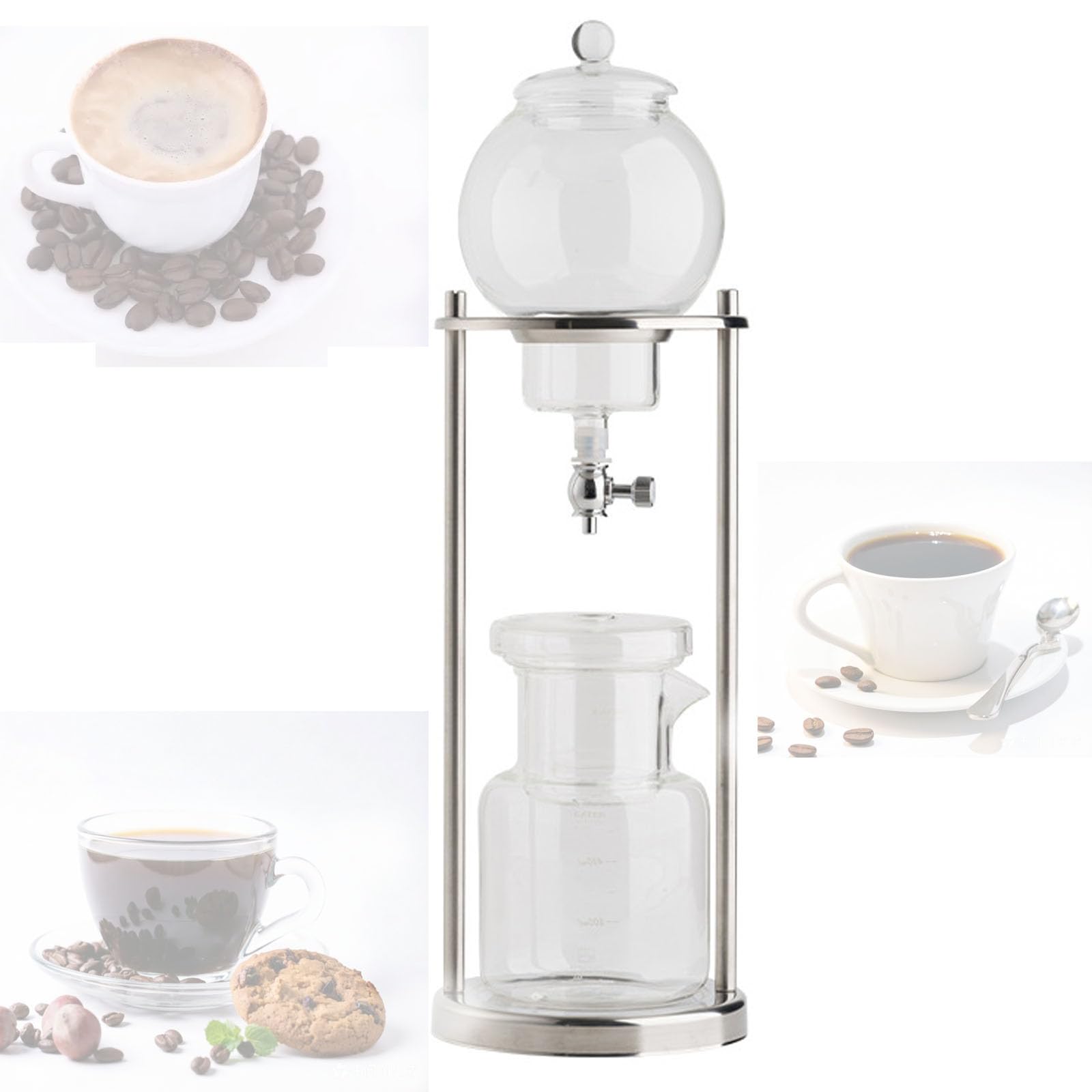VILA SMO 1l Cold Brew Drip Coffee Maker, Cold Brew Drip Tower, Slow Drip Extraction System, Borosilicate Glass Pot, Stainless Steel Bracket And Adjustable Valve, For Home, Office, Cafe silver