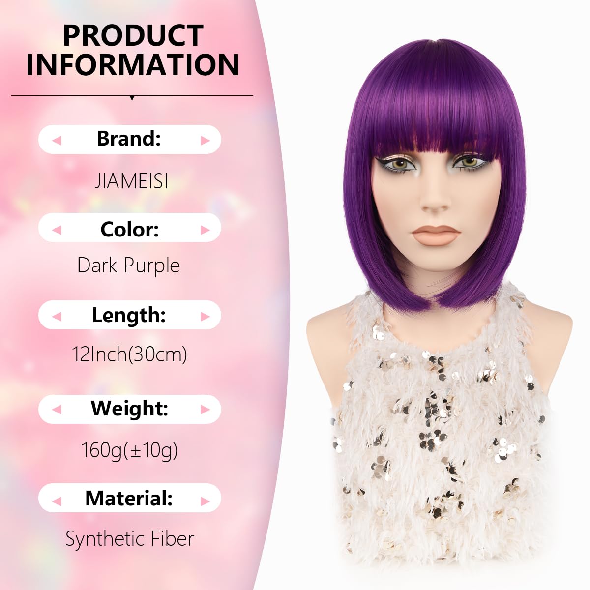 Short Bob Wig with Bangs 12Inch Synthetic Colourful Bob Wig for Women Girls Heat Resistant Fiber Hair Natural Looking Christmas Halloween Cosplay Party Daily Wear (Dark Purple) - Image 2