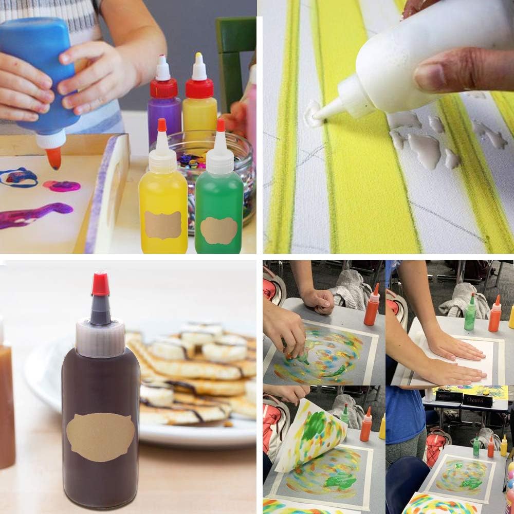 Suреr Bіg Clеаrаnсе! CUCUMI 16pcs 4oz Plastic Squeeze Bottles, with Red Tip Caps and Measurement, with Extra 1 Funnel, 18 Kraft Paper Stickers and 1 Brush for Crafts, Art, Glue, Kitchen Condiments