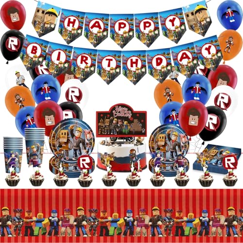 Luclay Gamer Party Decorations Balloons Tableware Set - 95Pcs Birthday Decorations Birthday Party Supplies Plates Cups and Napkins and Tablecloth for boys Kids