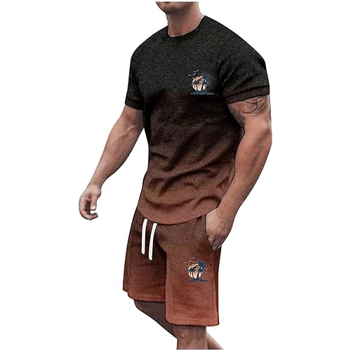 Men's Summer Tracksuit Plus Size Short Sleeve O Neck Athletic Suit Casual Color Block Drawstring Tuxedo Suit Men Suit