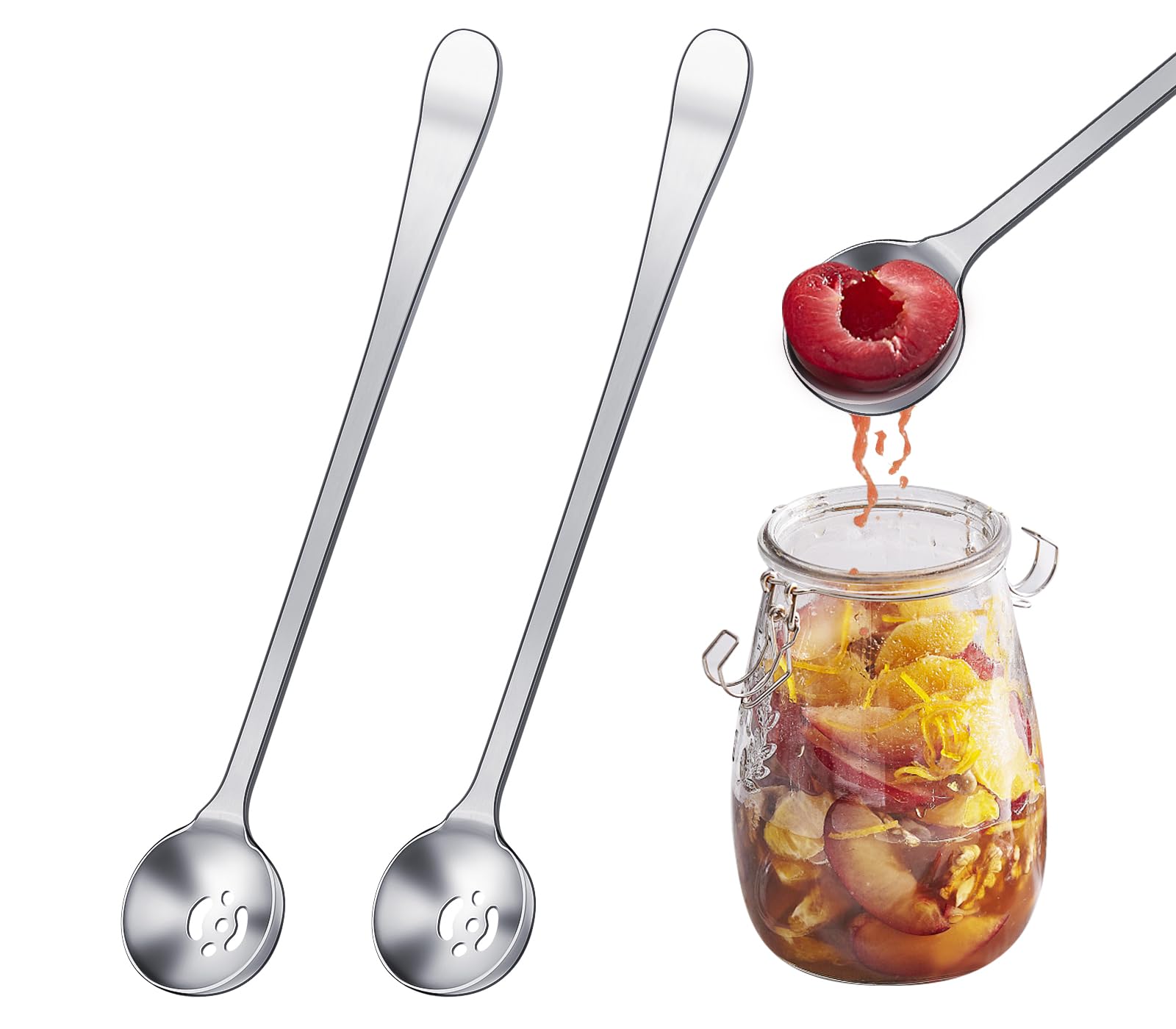 2 Cucchiai Da Olive In Acciaio Inox Con Fori - Ideali Per Ciliegie E Sottaceti | Cucchiaio Forato Da Portata - Foto 3