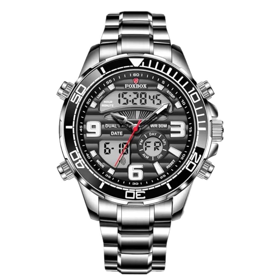 Amazon.co.jp: FOXBOX シルバー＆ブラックデュアルウォッチ