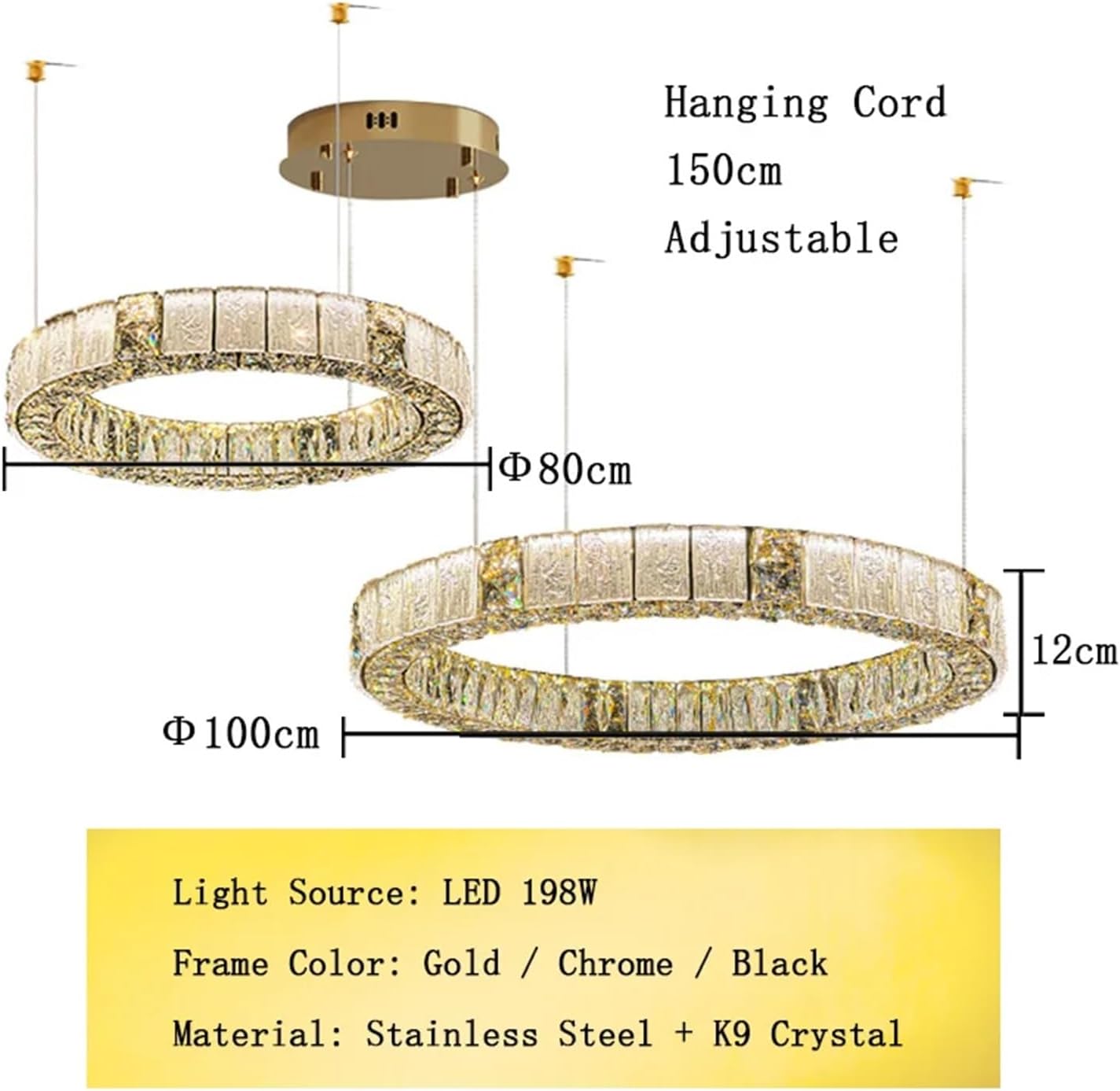 Luxury Embossed Crystal Ceiling Chandeliers Gold Modern LED Home Decor Indoor Hanging Lighting Fixture Circle Ring Lamps Pendant