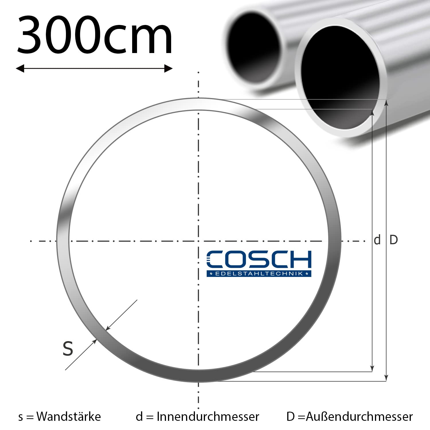 Edelstahl Rundrohr V2A geschliffen 30,0 x 2,0 mm 300 cm (3 m)