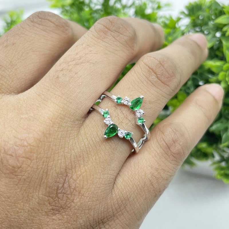 Green Emerald & White Diamond Crown Shaped Enhancer Guard For Women, 14k Gold Finish Green Emerald Wrap Ring, Engagement Ring