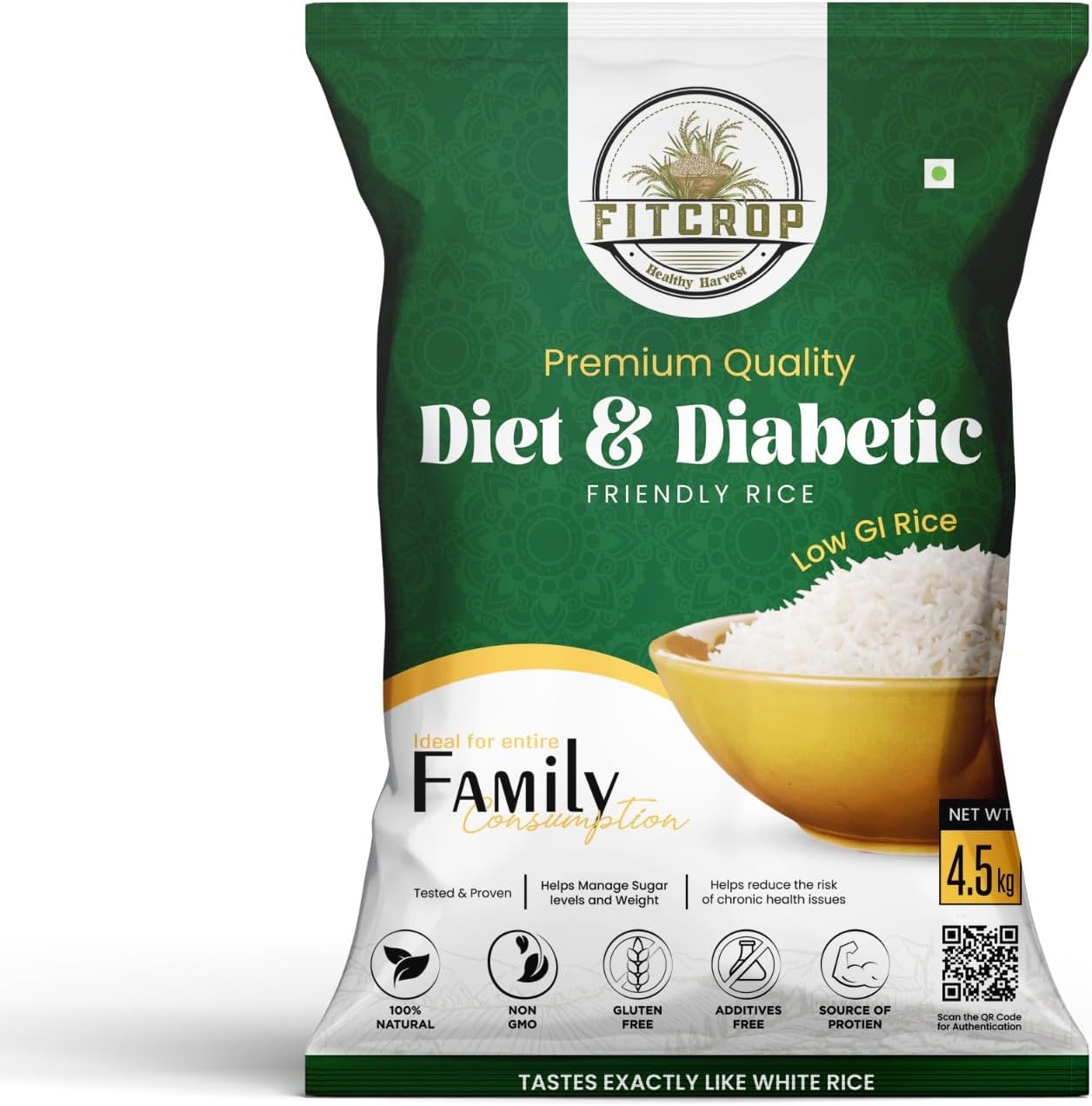 FITCROP Low GI Diabetic Rice (4.5kg pack of 1) Controls Blood Sugar Naturally | Full Grain Sona Masoori Raw Rice | Clinically Proven, Dietician Recommended | No Pesticides, Non-GMO, US FDA Registered