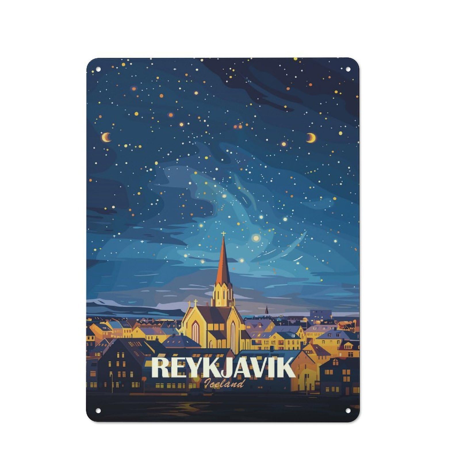 Junmoney Style-5 Tin Wall Sign With Reykjavik Iceland Night Sky Art Design 40X30cm, Cosy Cafe Wall Decor For Kitchen, Cafe, Pantry Or Dining Room