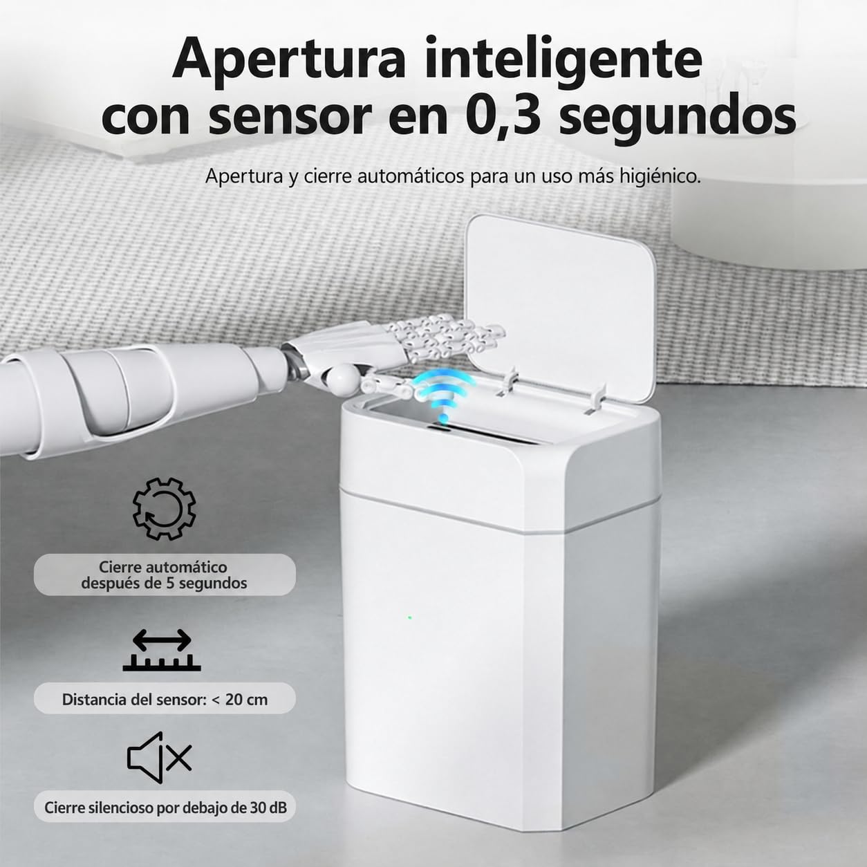 Cubo de basura automático de 12 l con sensor – Cubo de basura eléctrico con tapa para cocina, baño, inodoro – Resistente al agua y a los olores, diseño exclusivo de esquinas en blanco