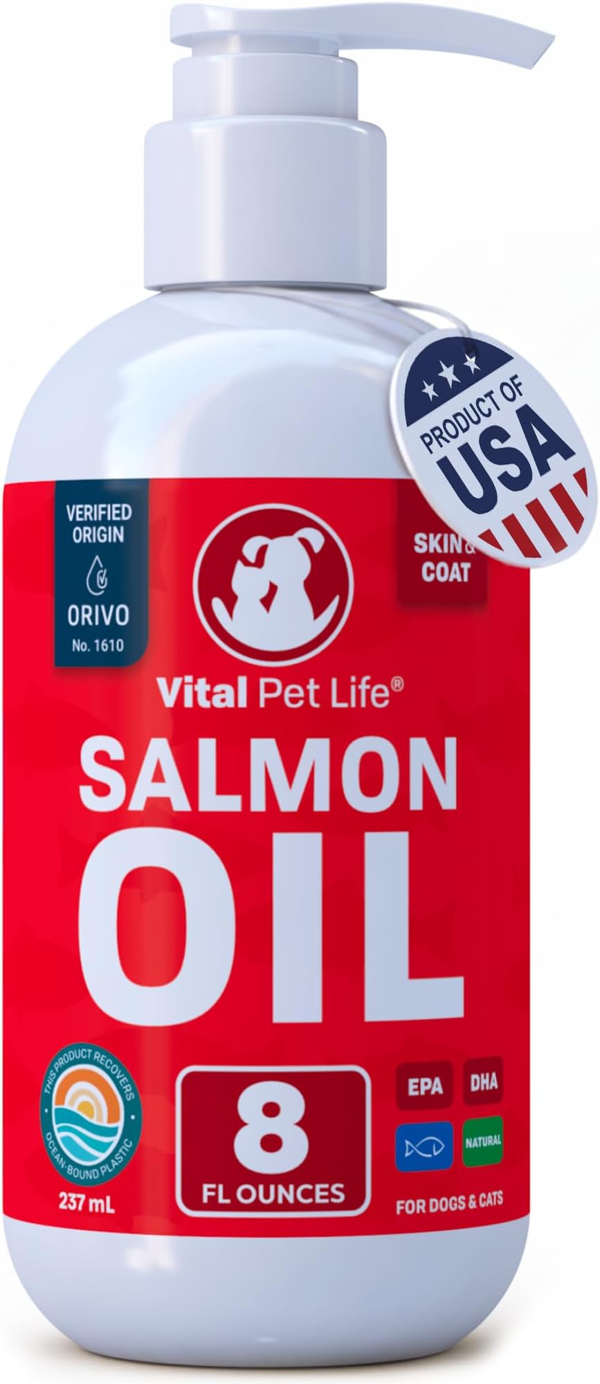 Salmon Oil for Dogs & Cats - Healthy Skin & Coat, Fish Oil, Omega 3 EPA DHA, Liquid Food Supplement for Pets, All Natural, Supports Joint & Bone Health, Natural Allergy & Inflammation Defense, 8 oz
