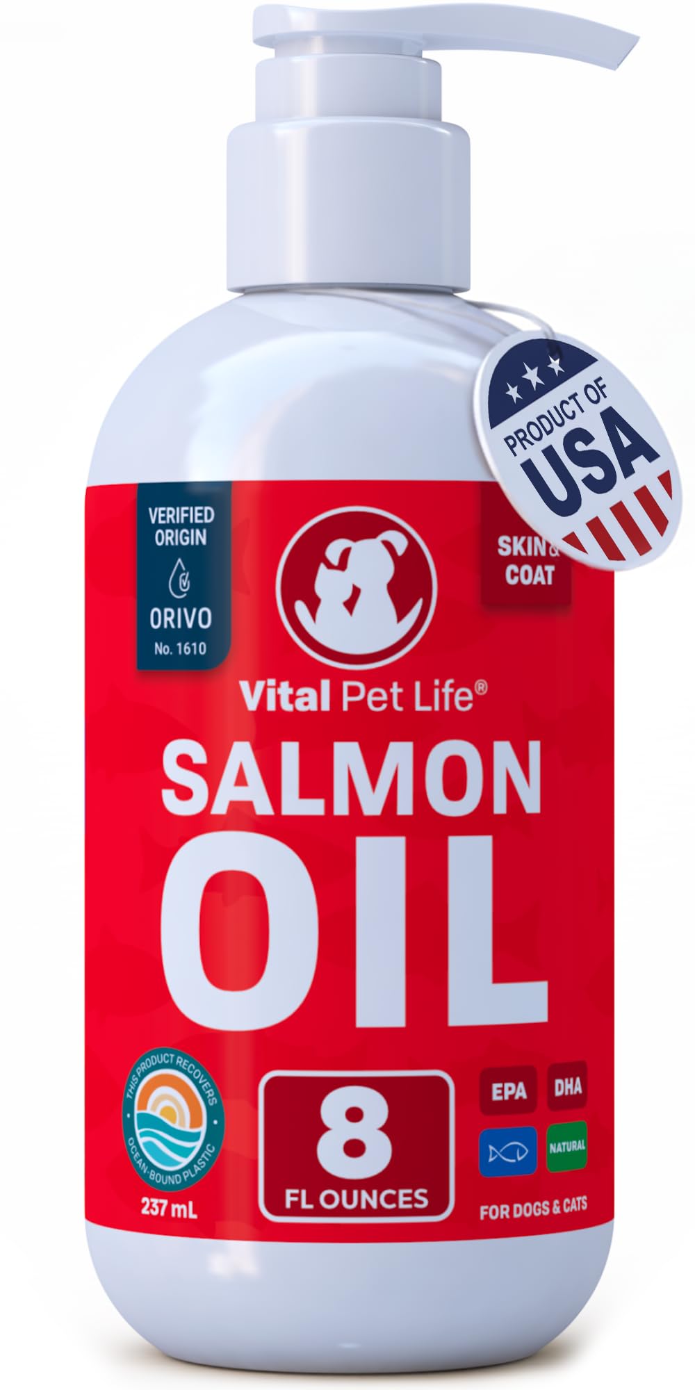 Salmon Oil for Dogs & Cats - Healthy Skin & Coat, Fish Oil, Omega 3 EPA DHA, Liquid Food Supplement for Pets, All Natural, Supports Joint & Bone Health, Natural Allergy & Inflammation Defense, 8 oz