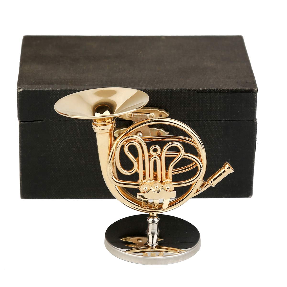 DselvgvuDselvgvu Miniature French Horn with Stand and Case Brass Mini Musical Instrument French Horn Replica Collectible Figurines Dollhouse Accessories Model Home Decoration Display Ornament (3.75"x1.77")