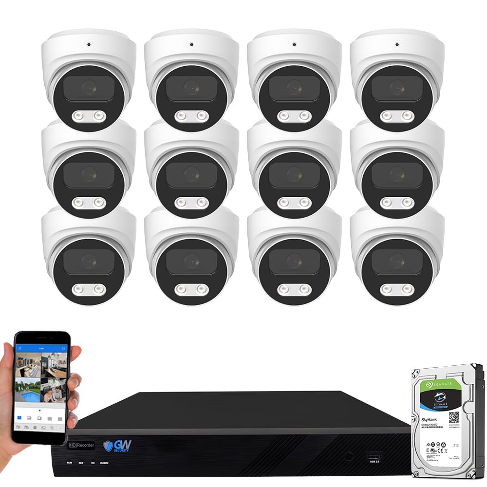 GW Security 16 Channel 12MP NVR 4K Security Camera System with 12 x 8MP PoE Spotlight Color Night Vision Waterproof Microphone Dome Cameras, Smart AI