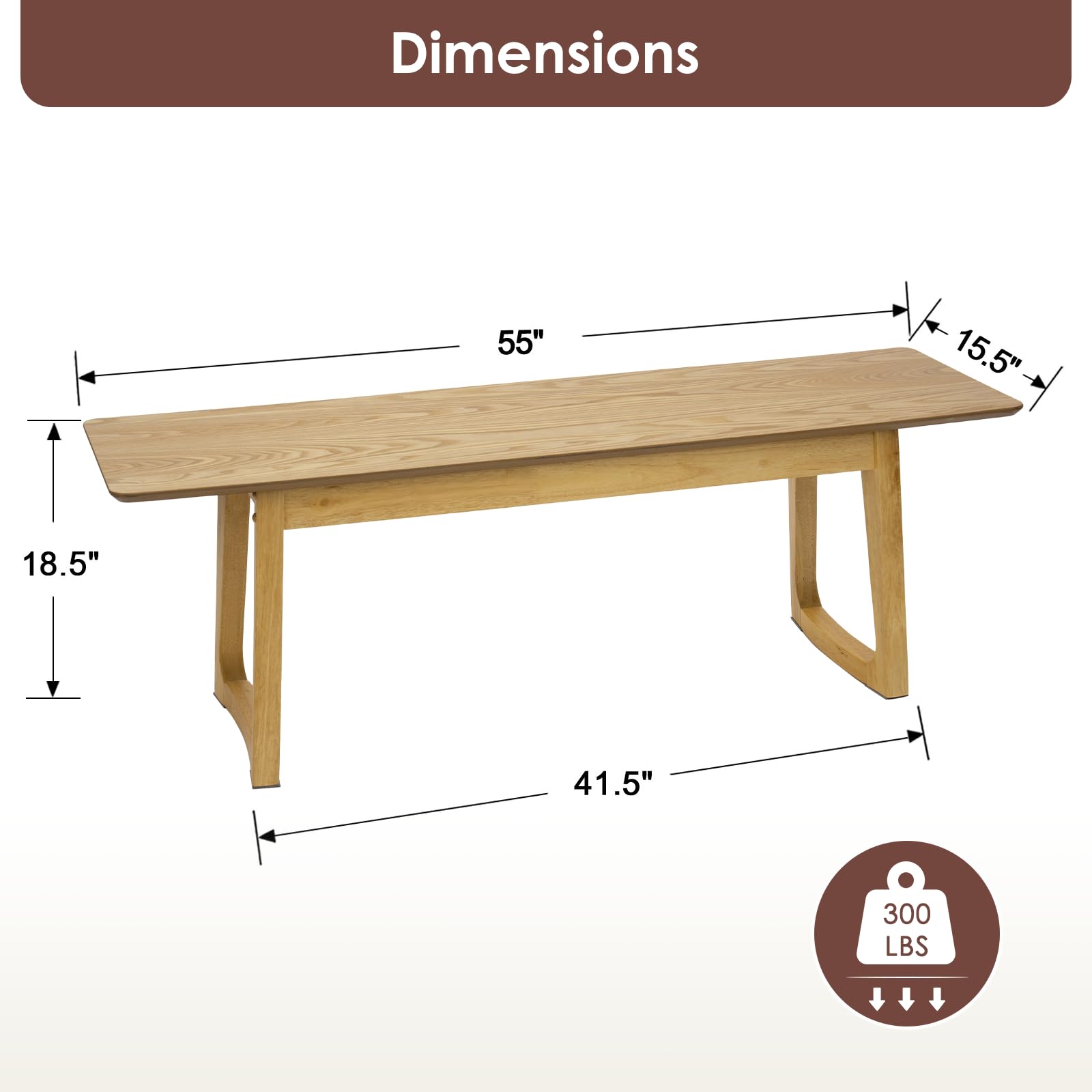 HNY Farmhouse Dining Bench, Solid Entryway Bench, 55 Inch Long Wooden Bench, Kitchen Dining Seat for Entryway/Dining Room/Kitchen/Living Room, Oak