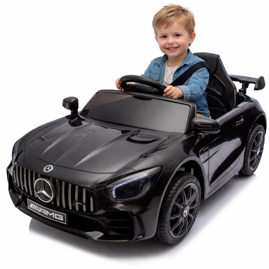 FINOOS Mercedes GTR AMG Elektroauto für Kinder, 12V, elektrische Kinder elektroauto mit Fernbedienung, 2 + 1 Geschwindigkeitsstufen, Hupe, LED, Musik, Bluetooth (Schwarz)