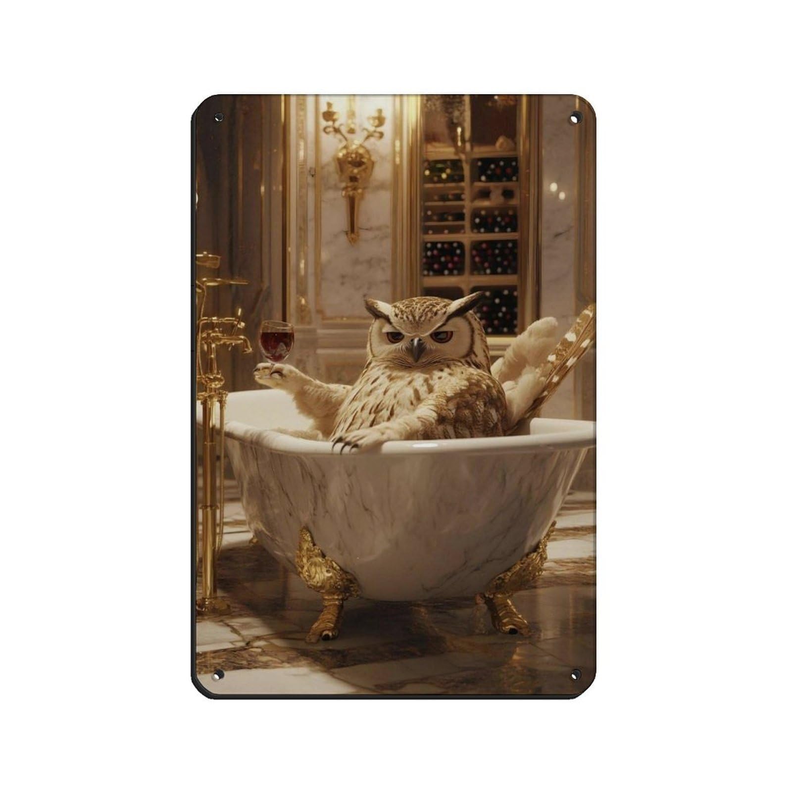 Elegant Owl in Bathtub Wine Retro Poster Metal Tin Sign Chic Art Retro Iron Painting Bar People Cave Cafe Family Garage Poster Wall Decoration 8x12inch(20x30cm)