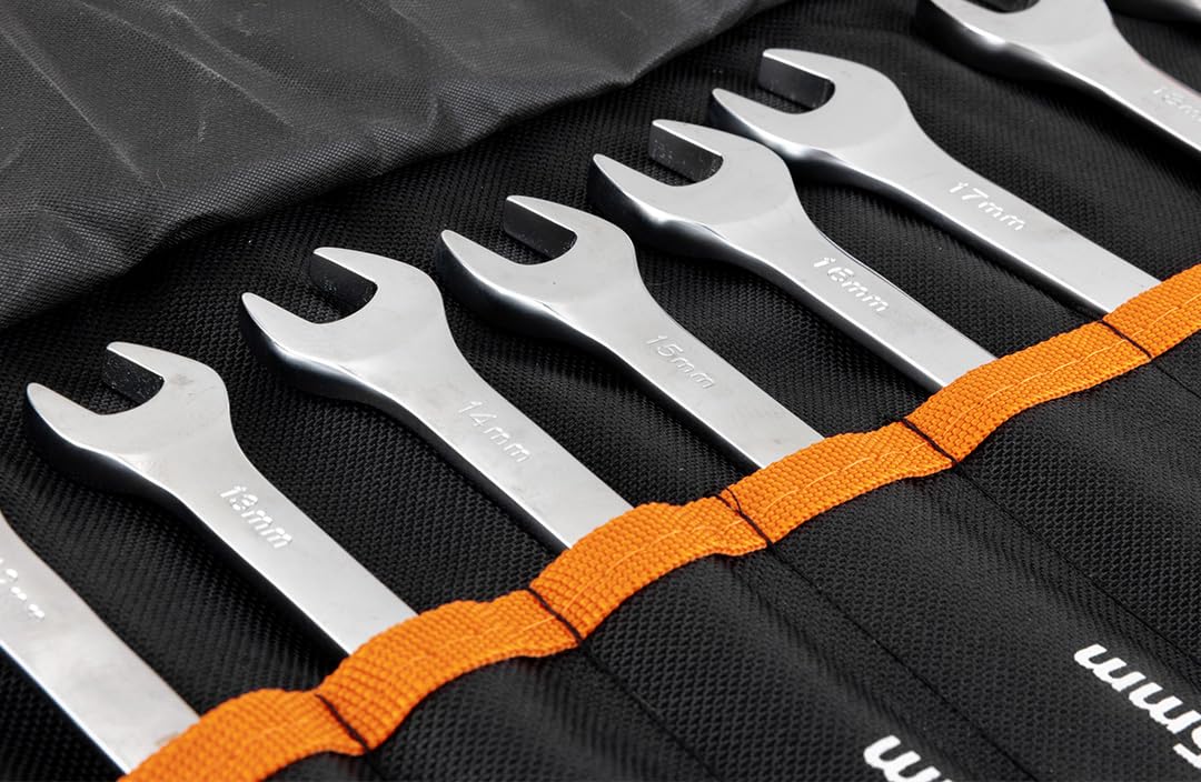 NEO TOOLS 25-częściowy zestaw kluczy płasko-oczkowych 6-32 mm ze stali CrV – zestaw kluczy płasko-oczkowych w praktycznej torbie rolowanej, profesjonalny zestaw narzędzi do warsztatu i garażu, matowy