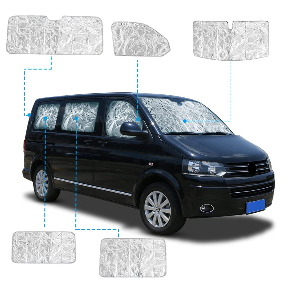 Zonwering Voor De Auto - Uv-bestendig - Compatibel Met VW T5 T6 3 Stuks Thermomat Bestuurderscabine Met Opbergzak Zuignap