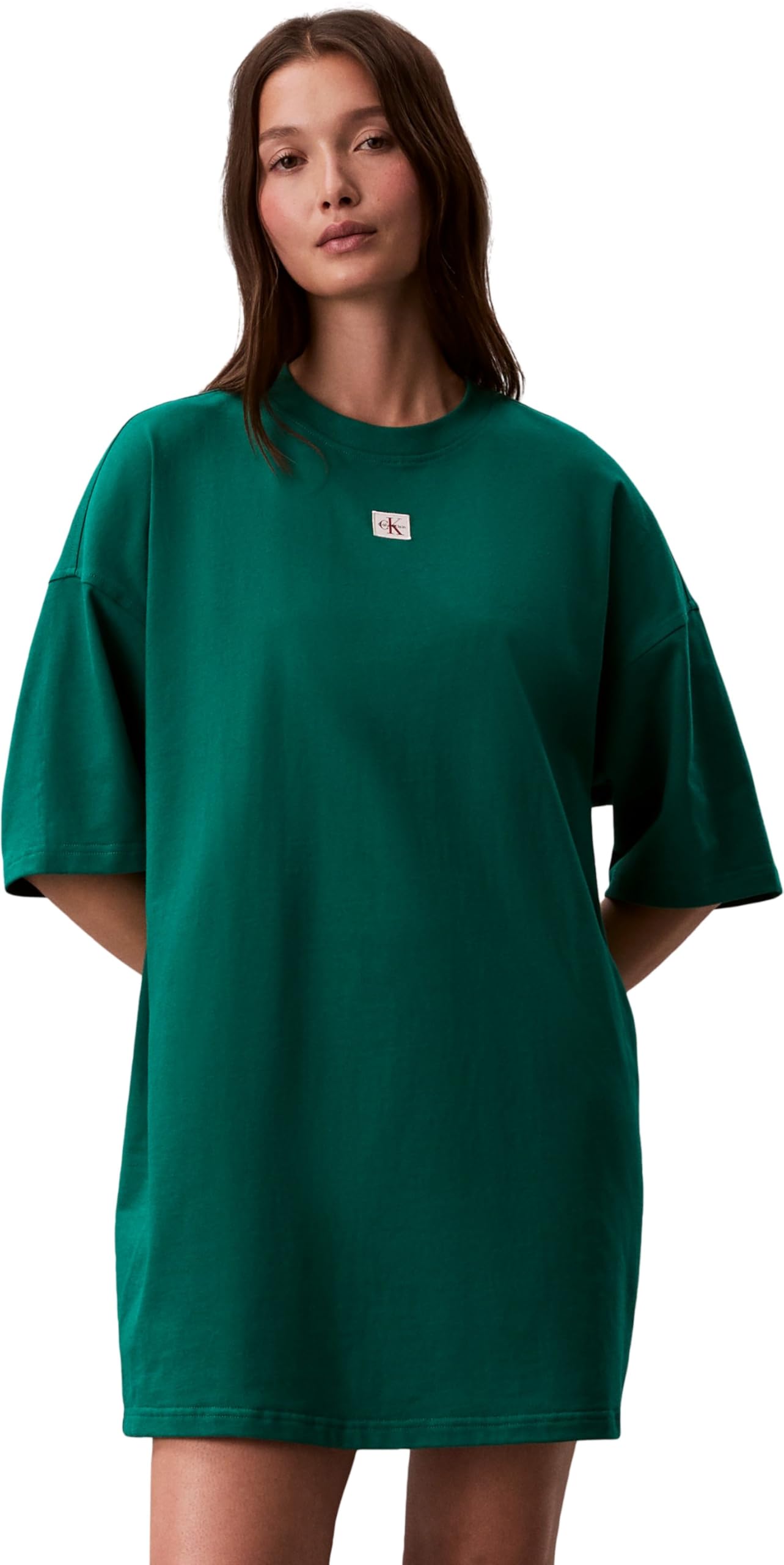 Calvin Klein Women's Ss Woven Label Oversized Tee Dre LV047F228G Dresses, Green, S