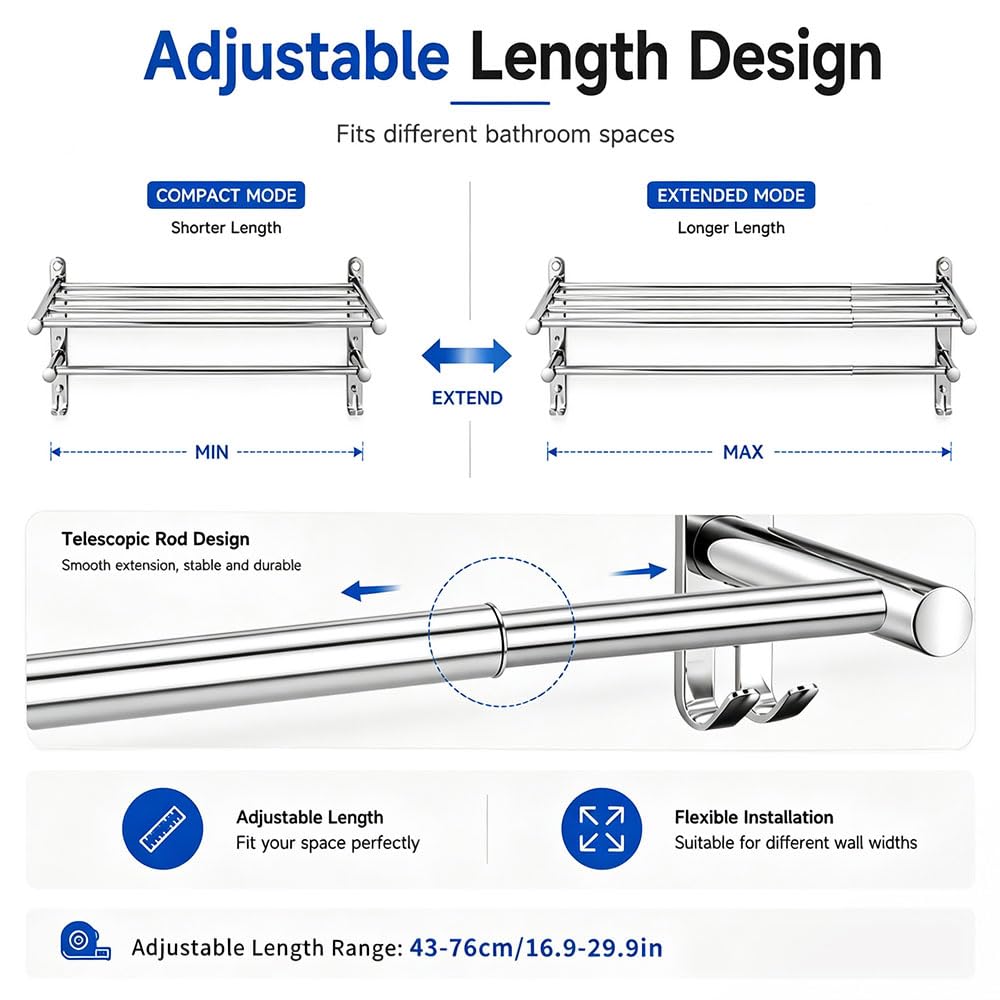 Porta Asciugamani da Parete 2 Livelli con Mensola, con Ganci e Viti | Portasciugamani Bagno Allungabile 43-76 cm, Porta Salviette da Muro Acciaio Inox, per Bagno, Cucina, Hotel (Argento)
