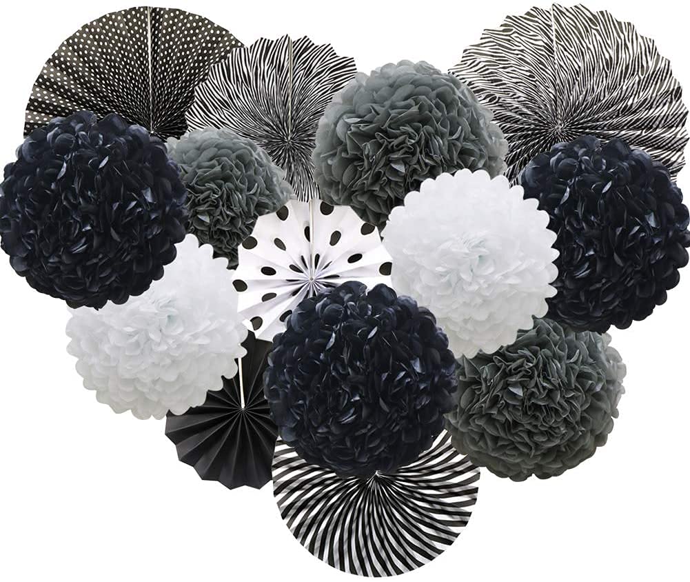 Crelzos Crelzos Hanging Party Decorations Set Tissue Paper Fan Paper Pom Poms Flowers for Wedding Birthday Bachelorette Graduation Party Kit (D-3 Black+White, Pack of 14pc) (B09JWJX8JQ) Amazon Price History, Amazon Price Tracker