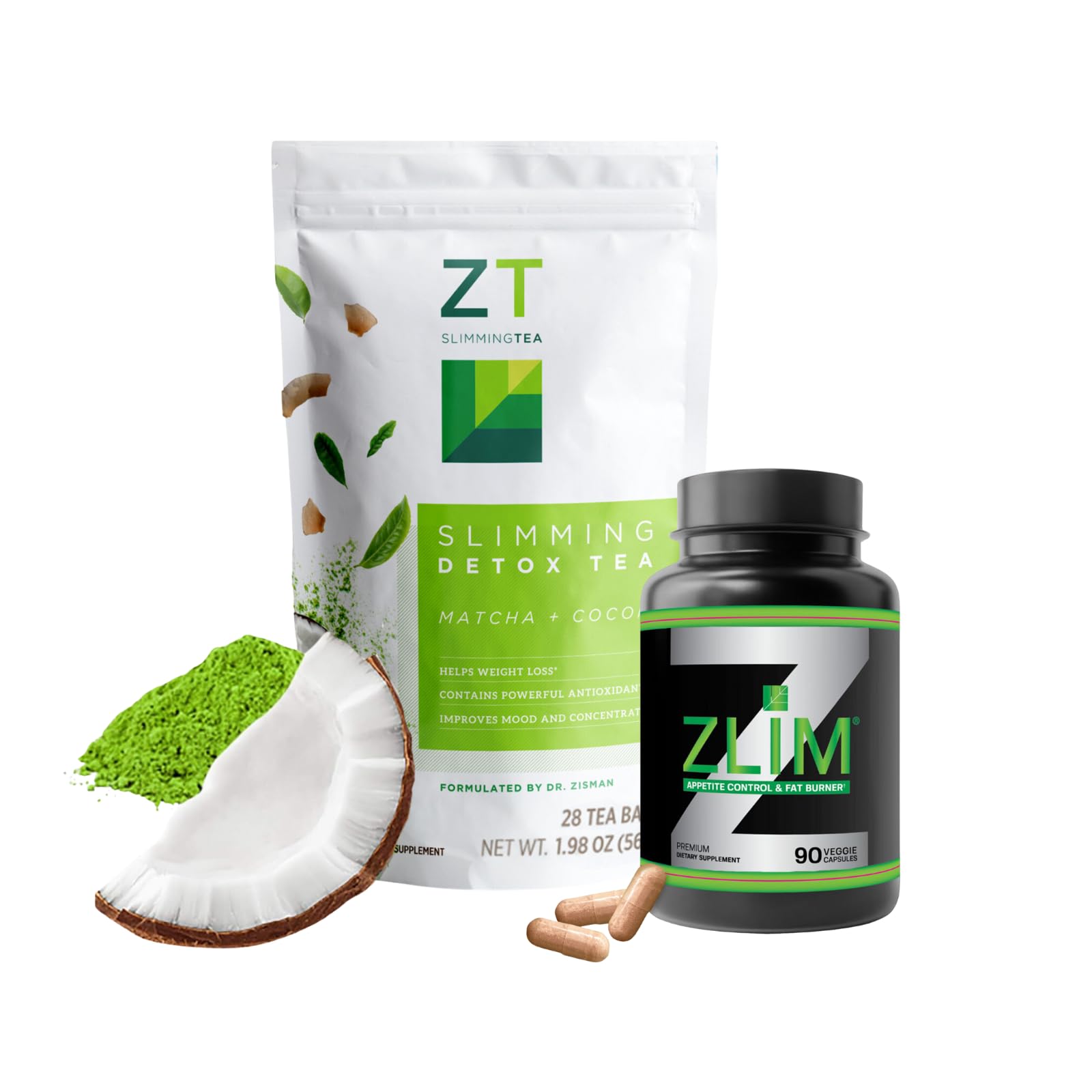 Dr. Zisman ZT Slimming - Matcha-Coconut Detox Blend, Weight Loss Tea (28 Tea Bags) + Zlim Appetite & Weight Control Dietary Supplement for Men and Women(90 Veggie Capsules)