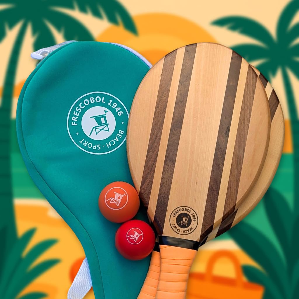 Set di 2 racchette da spiaggia in legno massiccio con palline, ispirazione brasiliana con borsa da trasporto in neoprene, design elegante