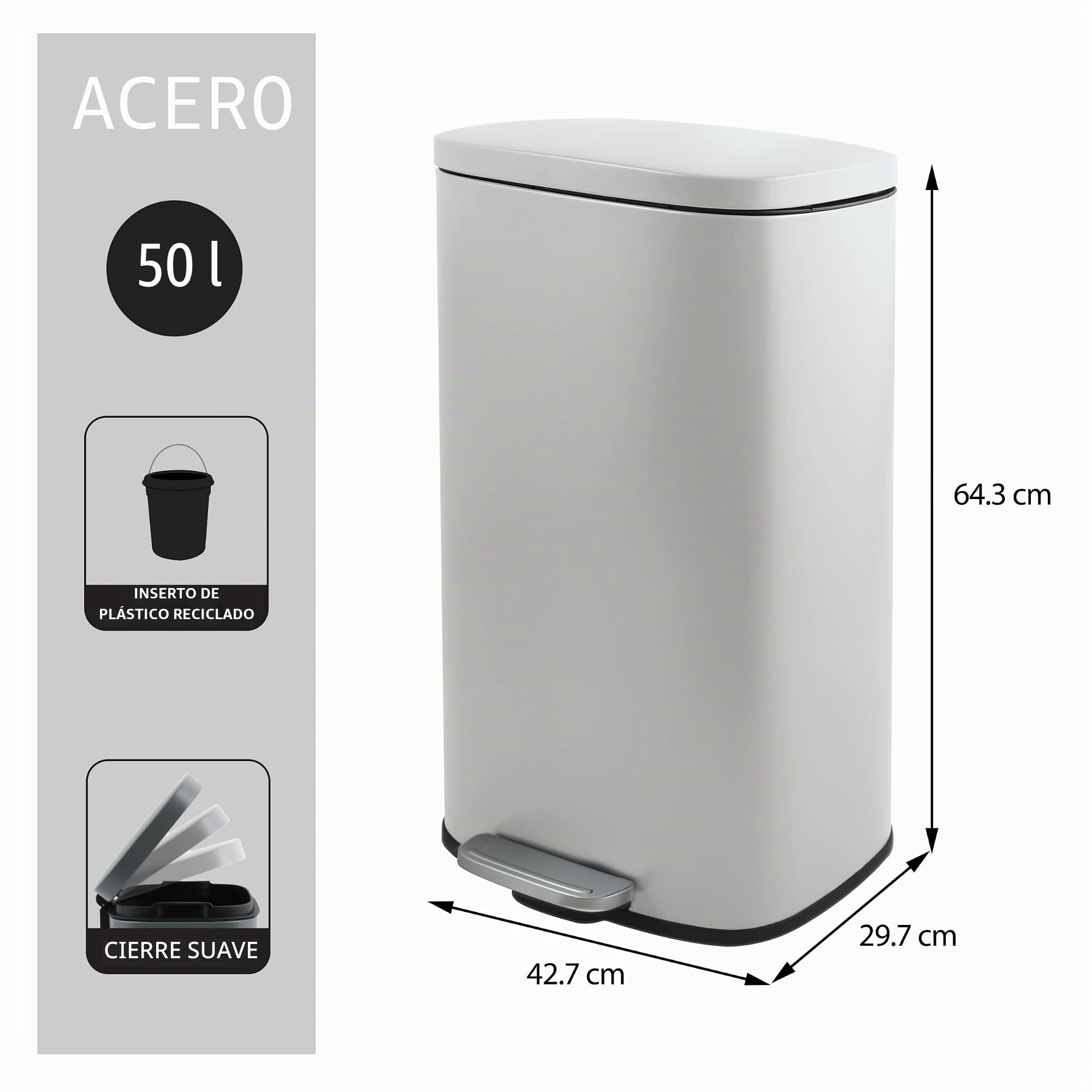 Spirella - Cubo de Basura con Pedal de Acero Modelo Modelo Akira - Diseño Moderno Rectangular con Acabado Antihuellas - Cierre Lento y Silencioso - Blanco Mate - 50L