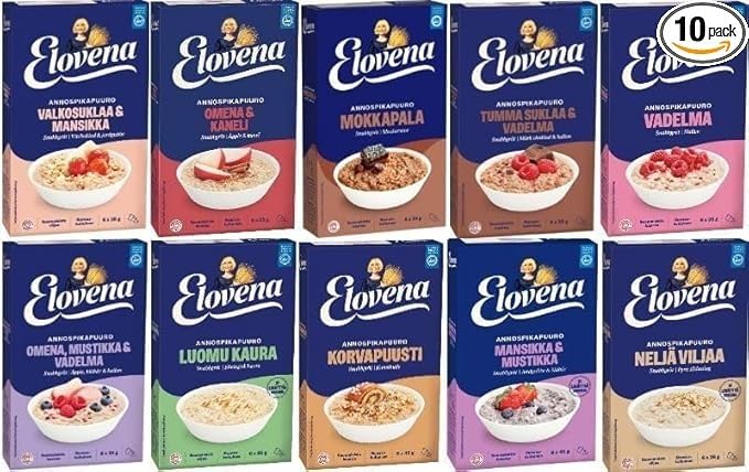 Elovena Porridge Variety Set – 10-Pack of Finnish Flavored Porridges (210g–240g Each | 74–84 oz Total) – Premium Nordic Breakfast Assortment in SÖPÖSÖPÖ Box SOPOSOPO