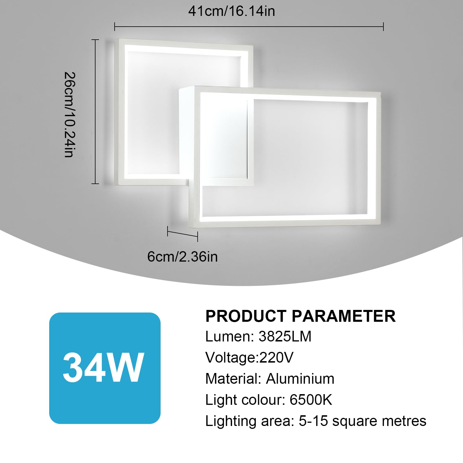41CM Applique da Parete Interno LED 34W Lampada da Parete 6500K | 34W 3825LM Moderno Bianco Lampada a Muro in Alluminio per Camera da Letto Soggiorno Scale Corridoio, Bianco Freddo 6500K