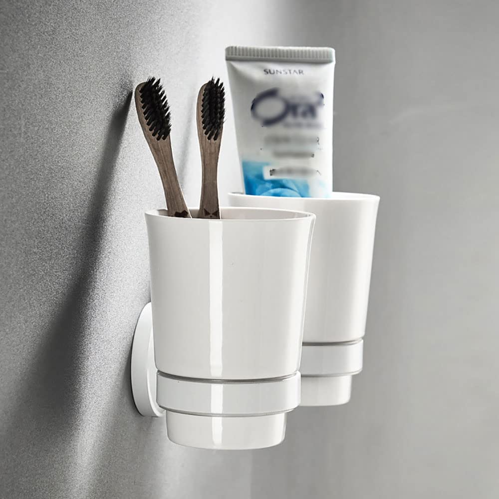 Zahnbürstenhalter, wandmontierter Doppel-Zahnbürstenhalter, Keramik-Becherhalter mit mattiertem Keramikbecher, Zahnpasta-Rasierer-Organizer, Waschraum-Aufbewahrung, Badezimmer-Accessoires (weiß)