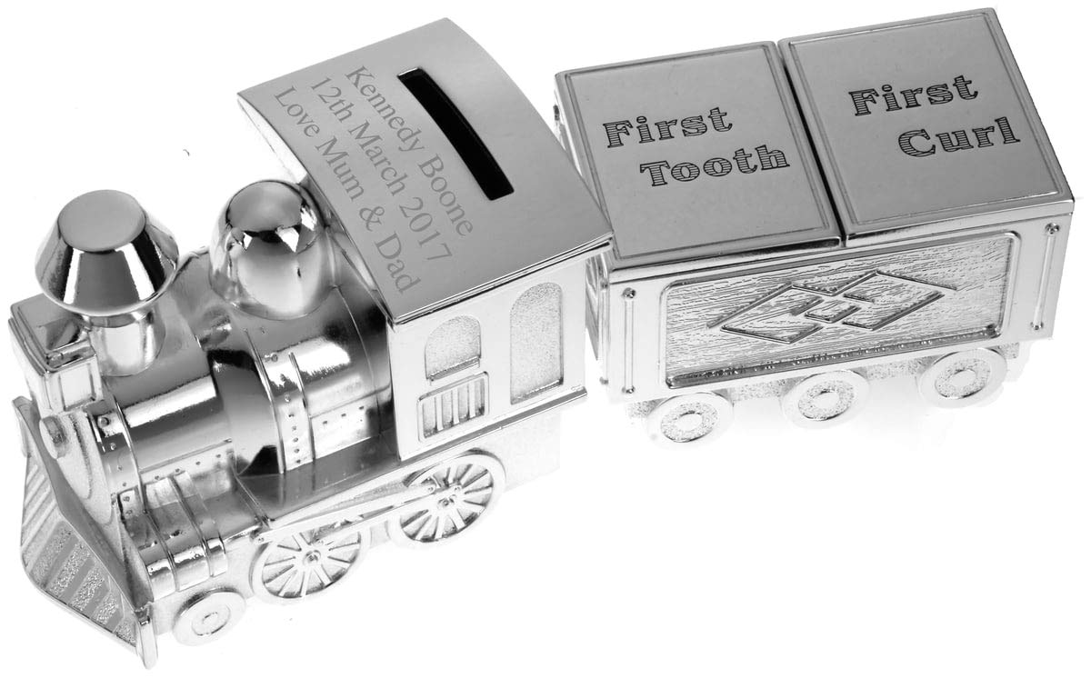 Go Find A Gift Boys Silver Personalised Plated Train Money Box With Tooth & Curl Trinket Box Christening Gift For Or Girl, Custom Engraved Christening Gift, Baptism Gift, Christening Money Box Keepsake, Money Bank