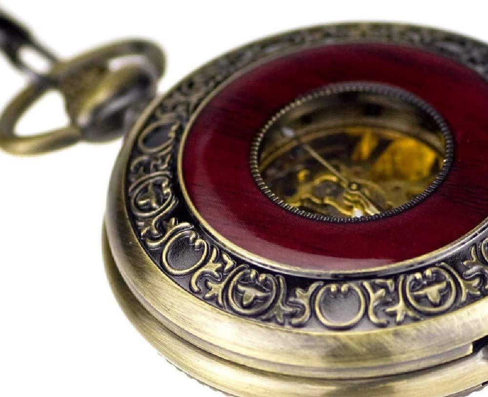 LIIAV Orologio da Taschino Meccanico a Carica Manuale da Uomo Vintage Steampunk Wood Grain Hollow Design con Catena