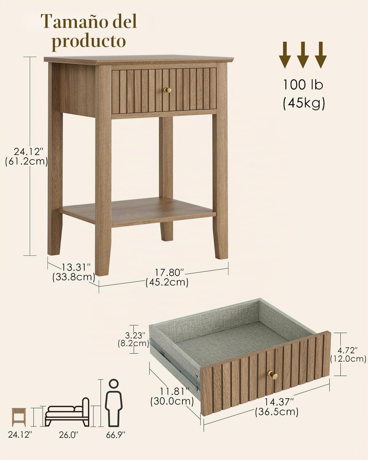 HEYZOEY Mesita de noche retro con 1 cajón, mesita de noche de madera maciza, estilo bohemio, para dormitorio, salón, nogal