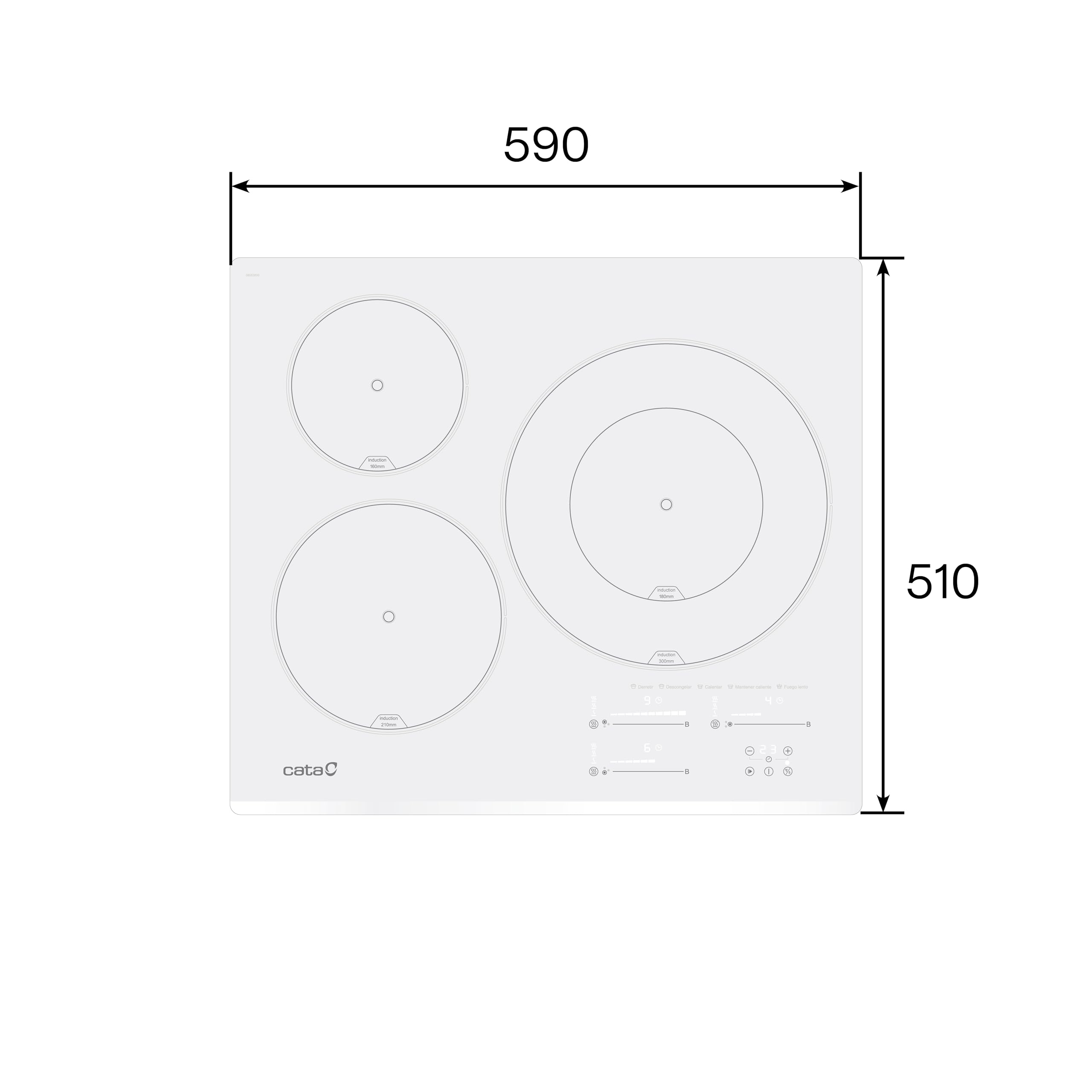 Cata Placa de Inducción INSB 6030 WH, 3 Zonas, 59cm, Control Táctil, 9 Niveles de Potencia, Bloqueo de Seguridad, Vidrio Blanco