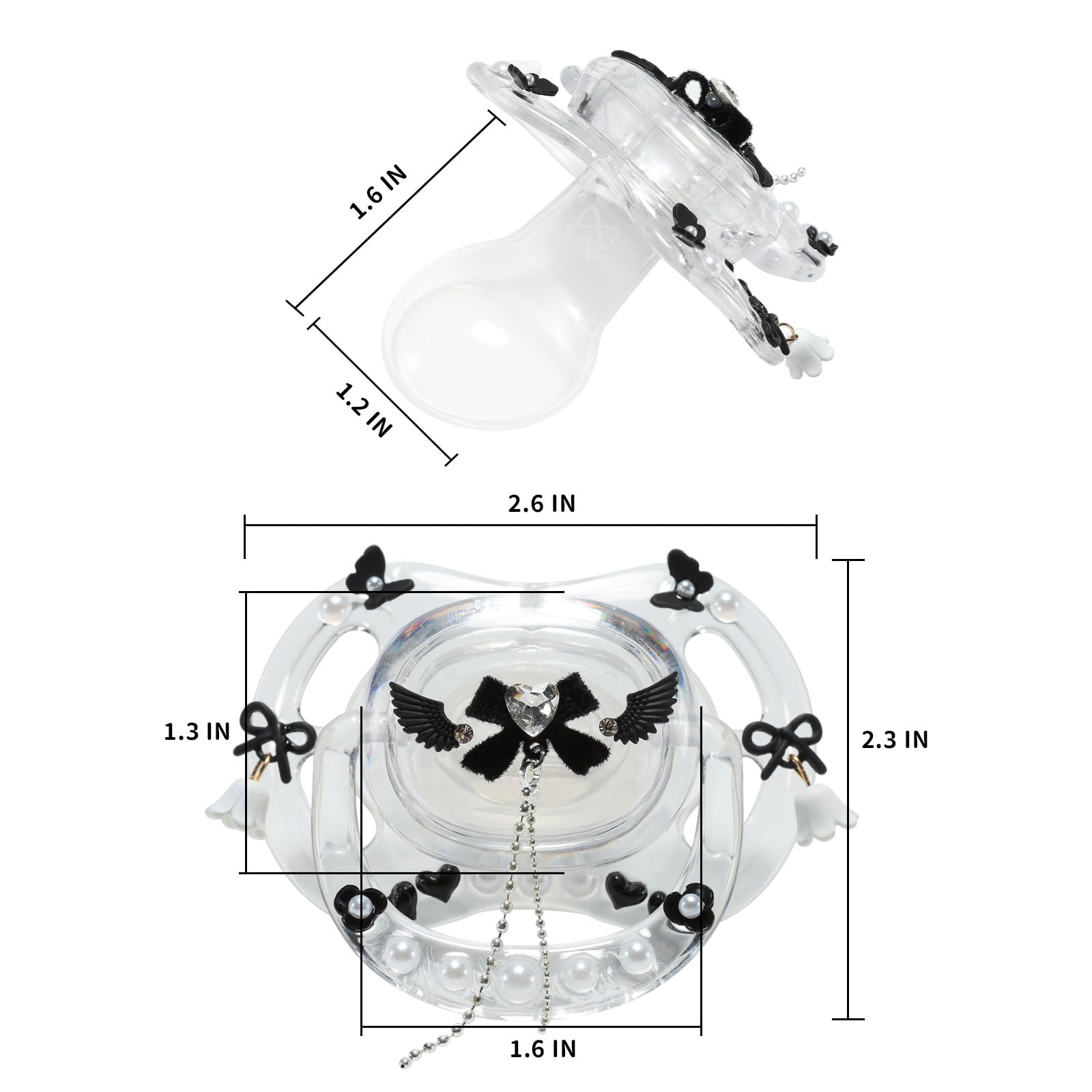 CutiePlusU Adult-Size Crystal Pacifier Dummy for Adults DIY Handmade Cute Decorative Shield - White Crystal Dark Wing - Image 4
