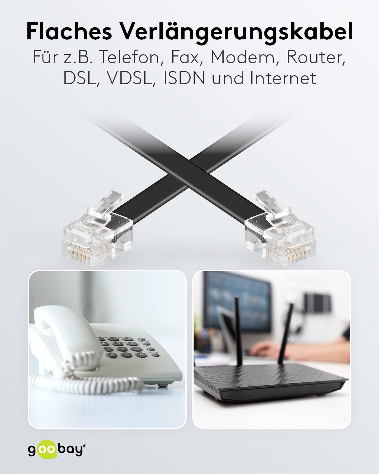 Goobay 50321 Modułowy kabel przyłączeniowy 3 metry, czarny - wtyczka RJ12 (6P6C) na wtyczkę RJ12 (6P6C)
