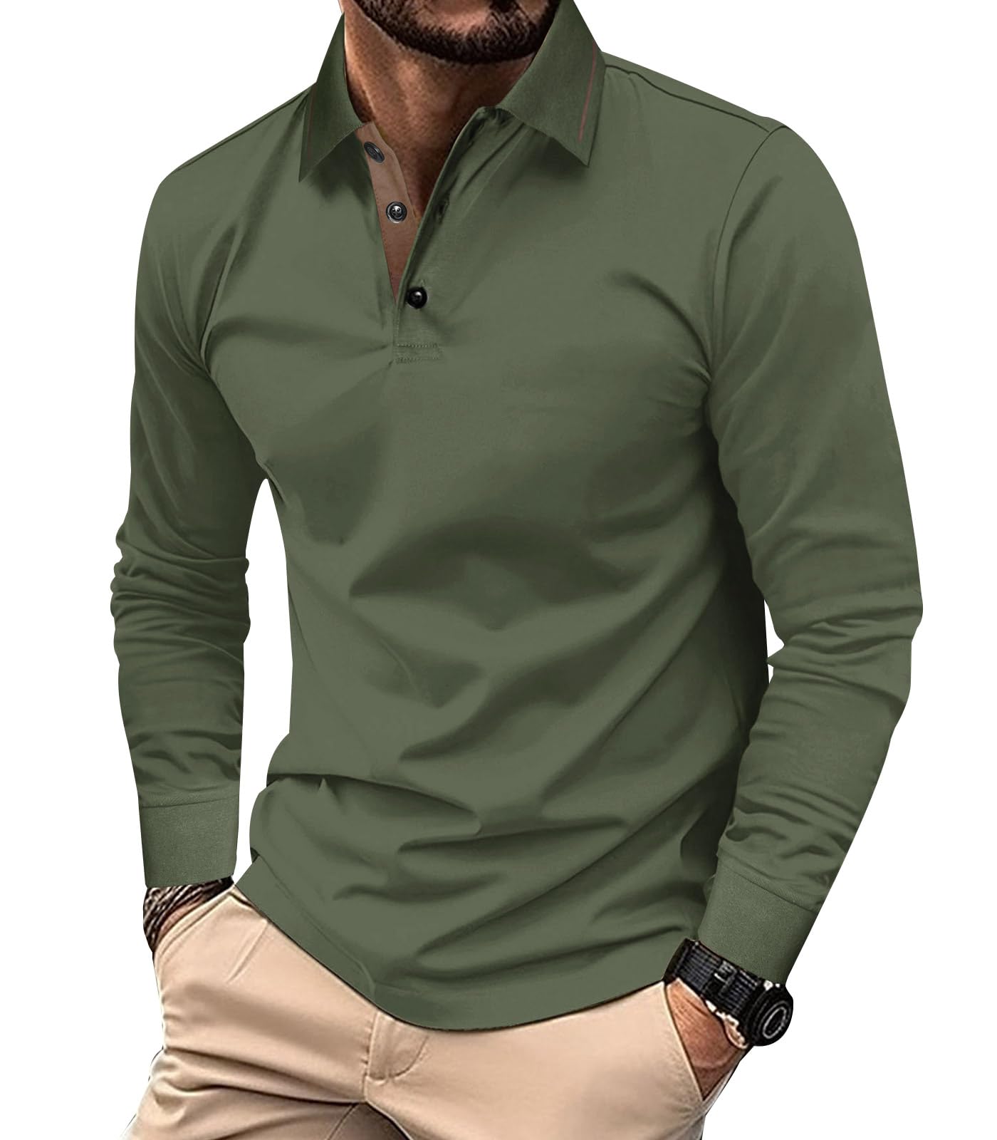 Comilaka Uomo Polo Casual Manica Lunga Poloshirt Top Golf Maglietta Cotone Colori a Contrasto Autunno Inverno Classico