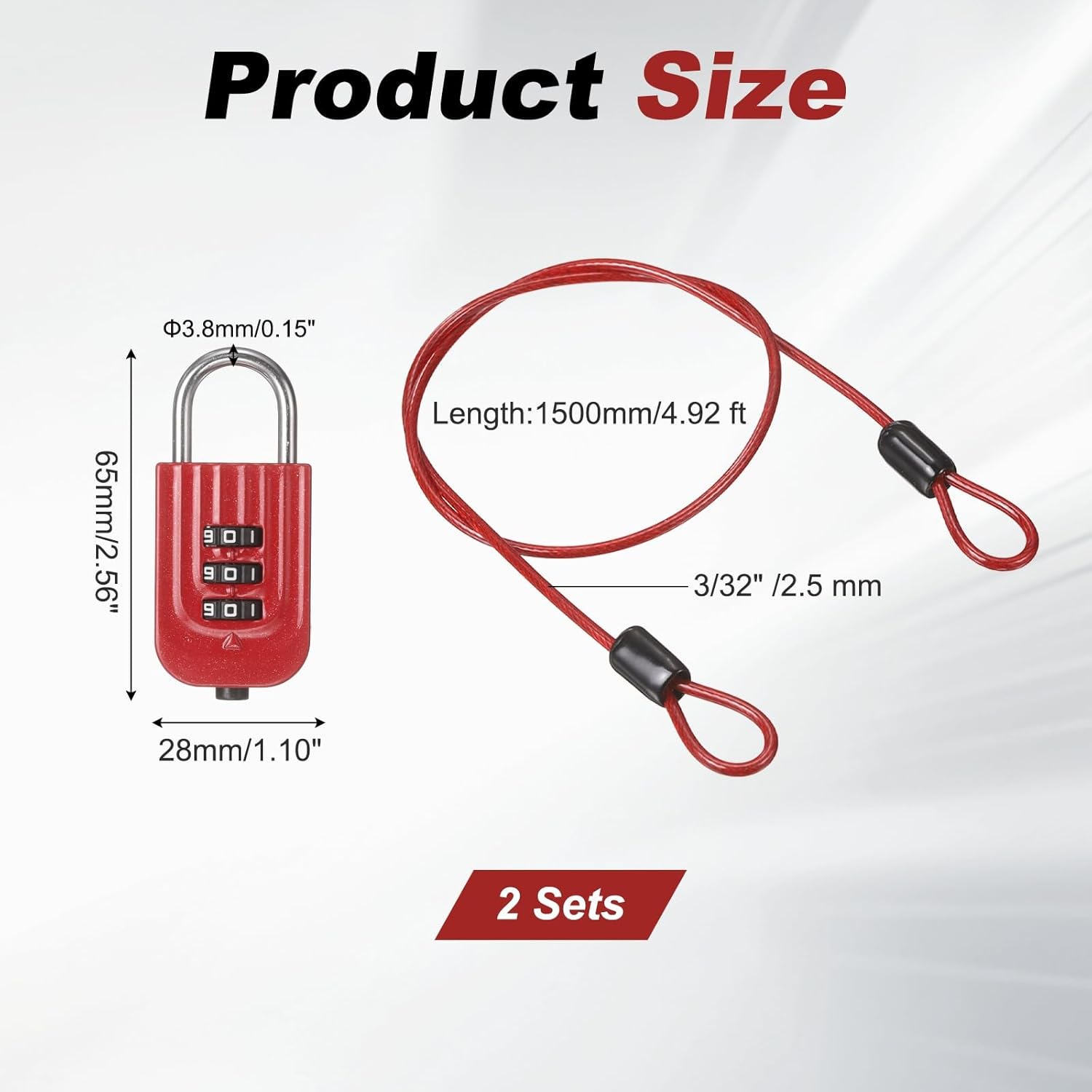 PATIKIL Security Cable with 3Digit Combination Lock, (4.92ft x 3/32", Red)(2Pcs), Braided Stainless Steel Safety Cable Wire Rope with Double Loop, Suit for Suitcase/Bicycle/Cabinets
