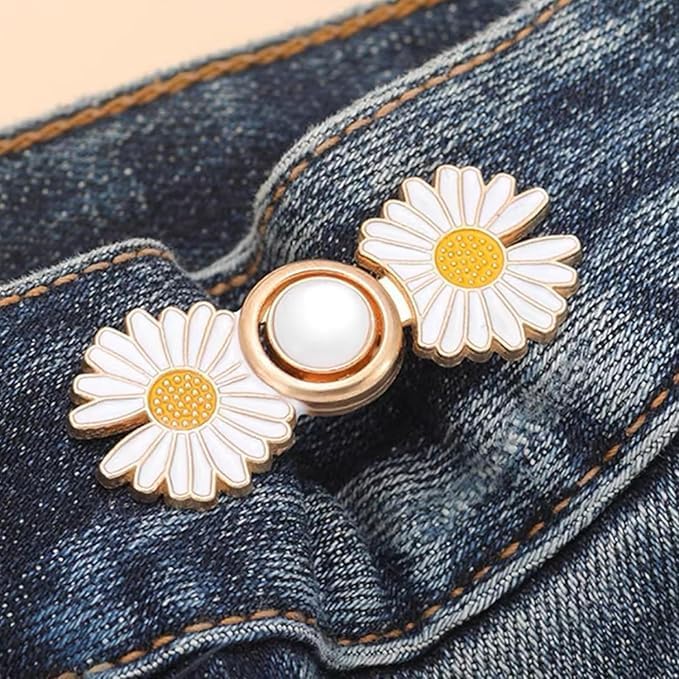 Image of YEKDA Denim Button Kit - 2 PCS Assorted Jeans Buttons for Quick Fix & DIY Adjustment - No-Sew Snap-On Metal Buttons for Pants, Skirts, Shorts - Easy Waist Size Control(2PCS Golden Flower)
