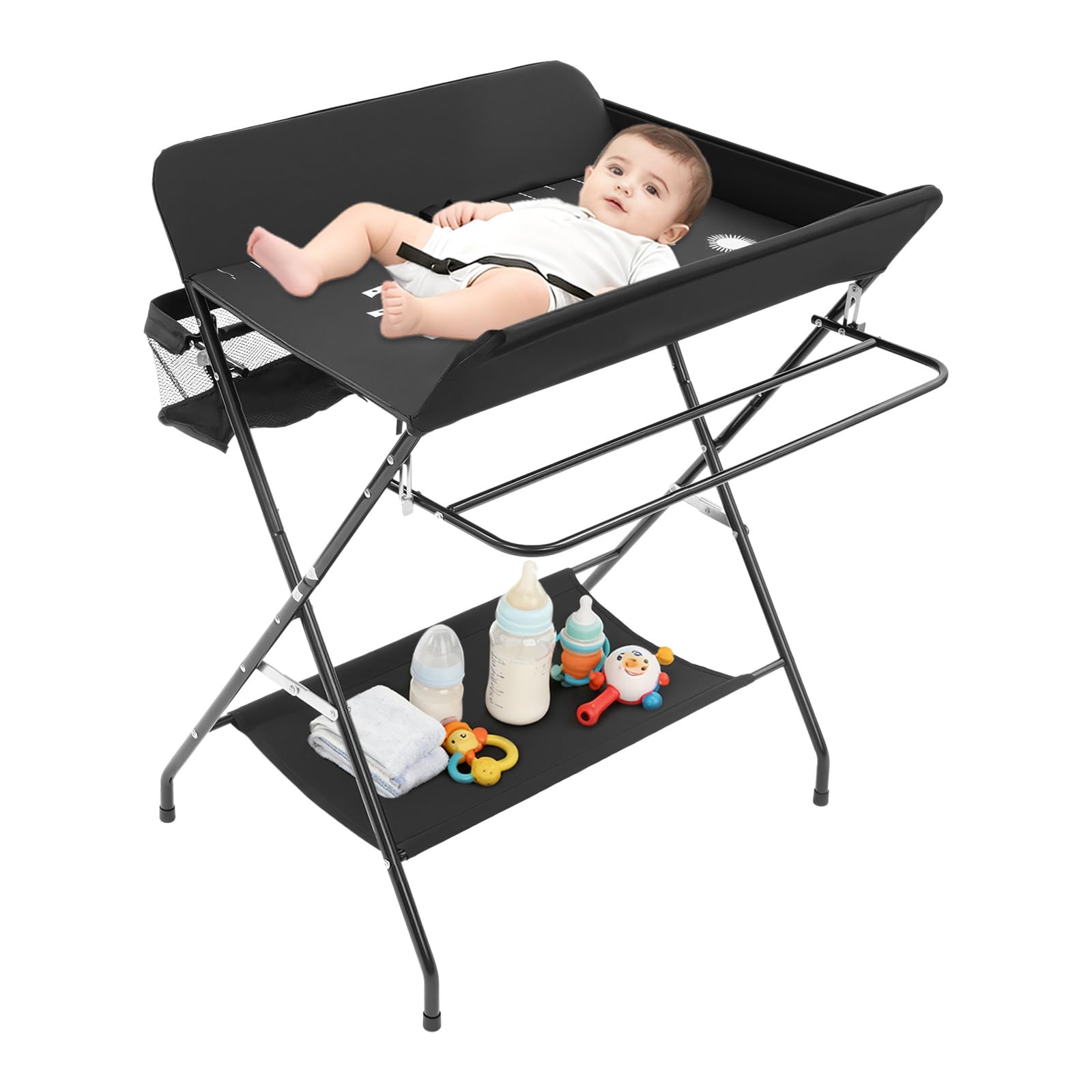 Cambiador de bebé plegable – Cambiador portátil con cinturón de seguridad, mesa cambiadora para ahorrar espacio (80 x 63 cm), altura regulable, carga de 15 kg, incluye cesta (negro)
