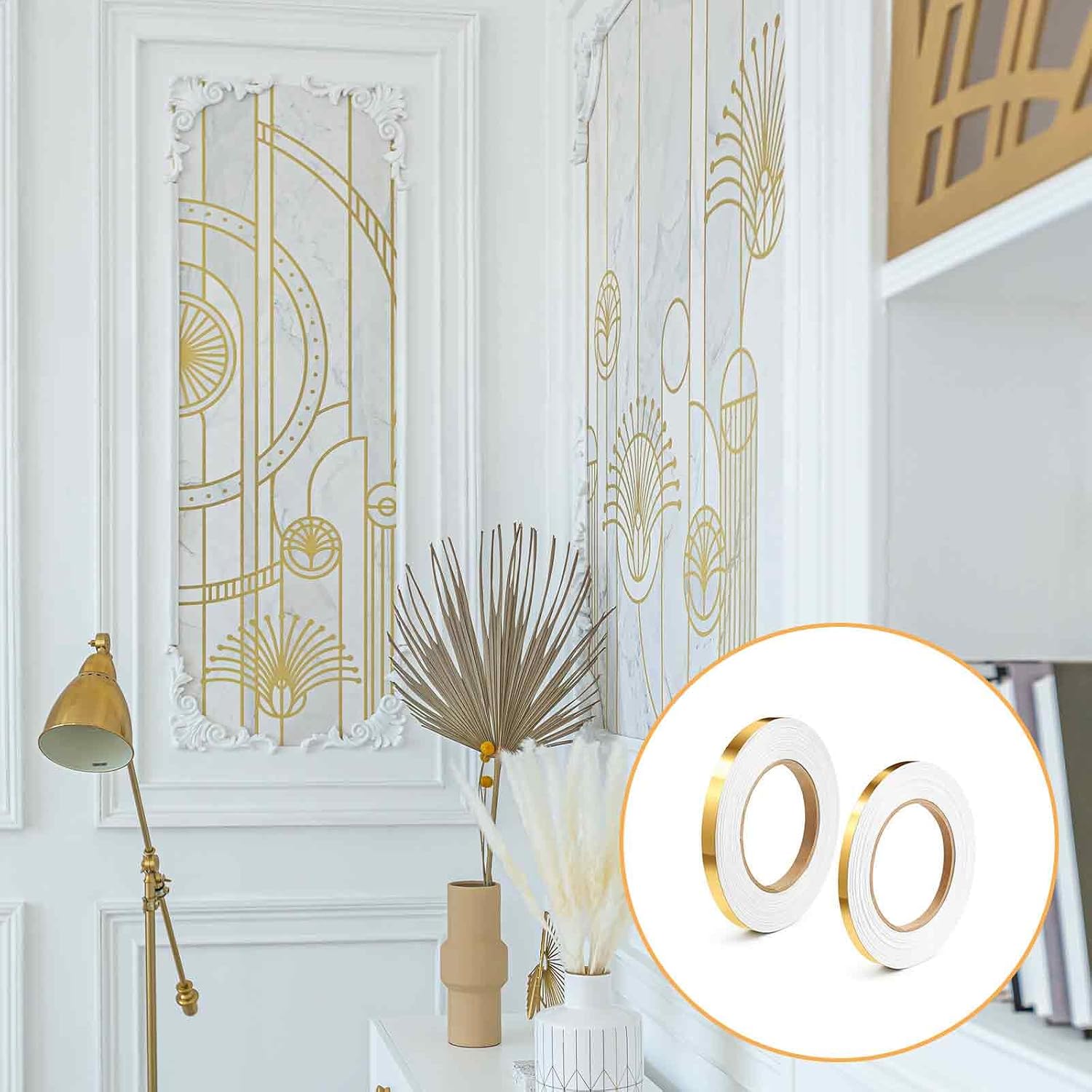 2 Rolls Gold Foil Tape, 5mm & 10 Mm X 164 Ft Gold Duct Tape Self-Adhesive Vinyl Pinstripe Tapes for Decorating Home Floor Wall Bathroom Wardrobe DIY Projects Arts