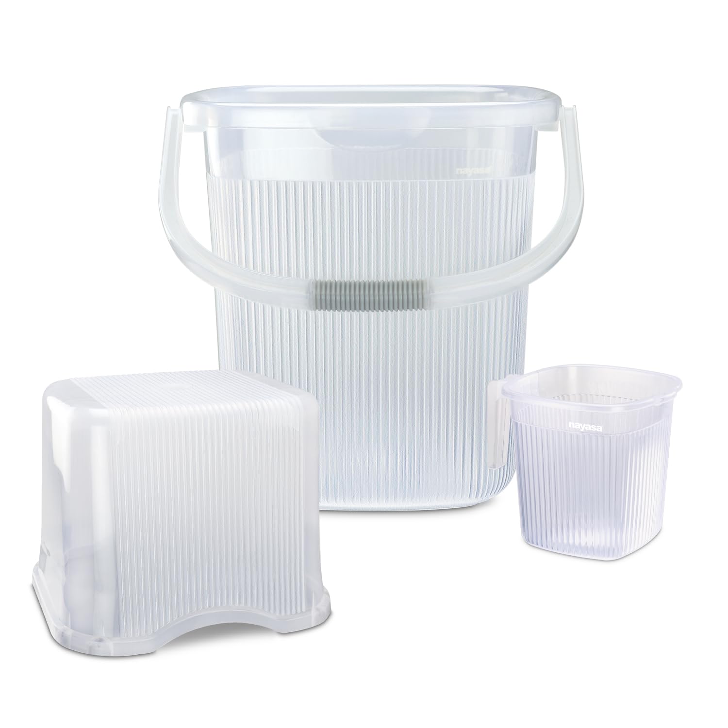 Nayasa Rimmy Plastic Bucket Set for Bathroom | 18 Liters Bucket & 1.5 Liters Mug | Bathroom Set of 3 | Bathroom Accessories Set | Bathroom Bucket Set | Bucket and Mug with Stool | Transparent