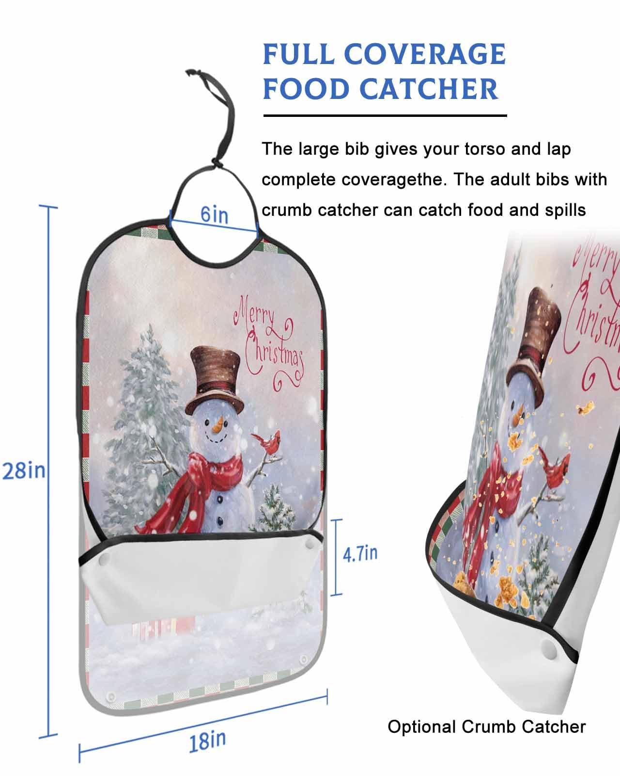 LEOKOTI Christmas Adult Bibs for Eating, Waterproof Bibs with Food Catcher & Adjustable Snap Closure, Winter Snowflake Snowman Xmas Tree Red Plaid Washable Clothing Protectors Adult Bibs for Elderly