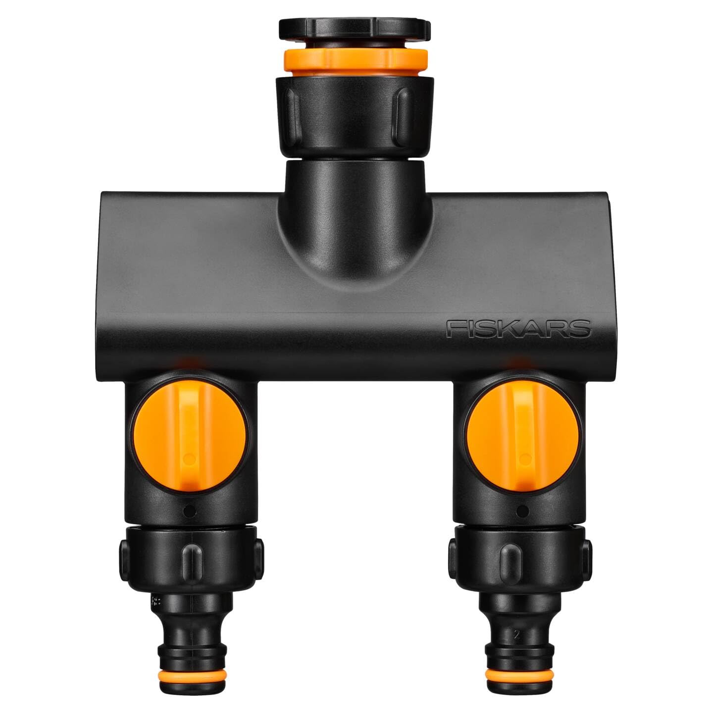 Fiskars 2-way valve, With on/off switches, For 3 thread sizes Ø 21 mm (1/2"), Ø 26.5 mm (3/4") and Ø 33.3 mm (1"), Comfort, Black/Orange, 1070577