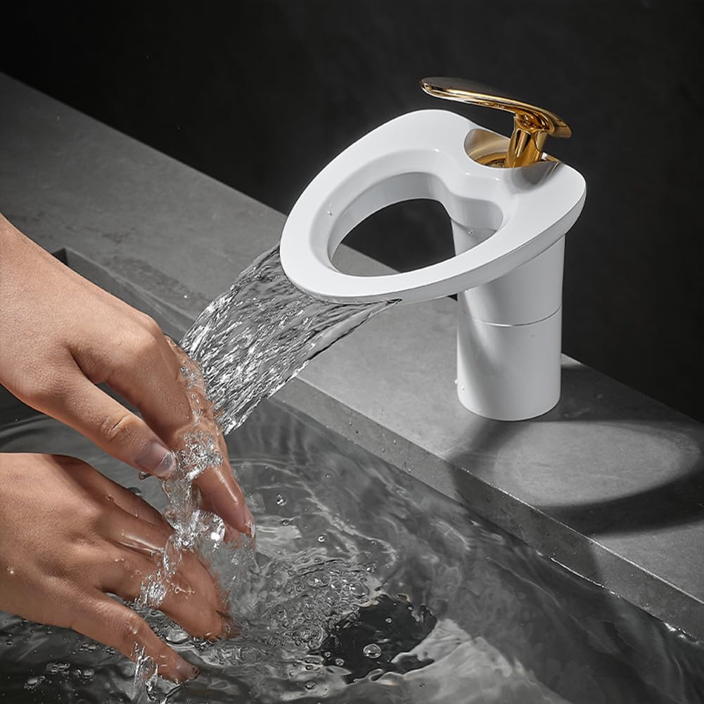 Wasserhahn Bad Wasserfall Waschtischarmatur Moderner Stil Messing Einhebel Mischbatterie Waschbecken Armatur, Badarmatur Waschtischbatterie Badezimmer, Weiß