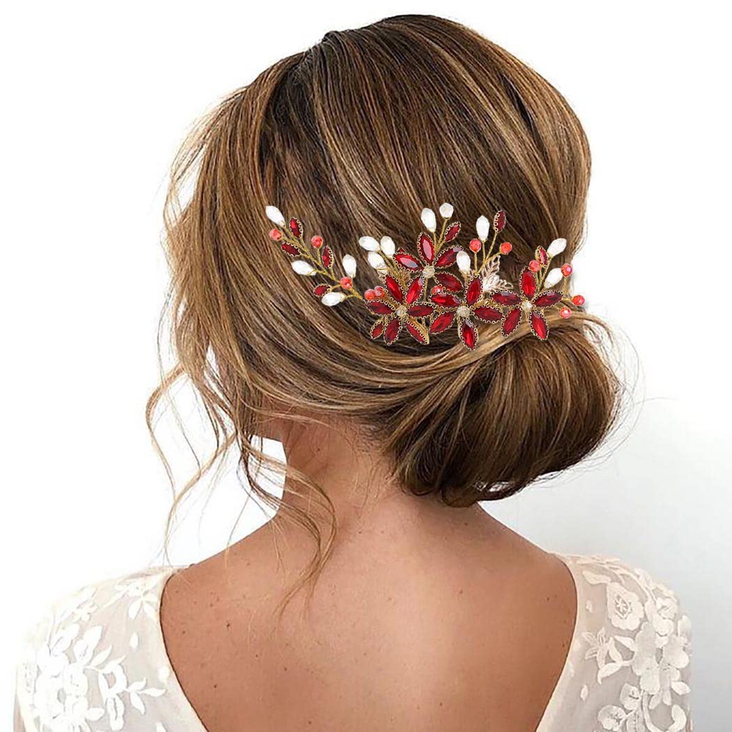 IYOU Sposa Nozze Pettine per Capelli Strass Rosso Pezzo di capelli Fiore Ballo Studentesco Festa Copricapo Accessori per Donne