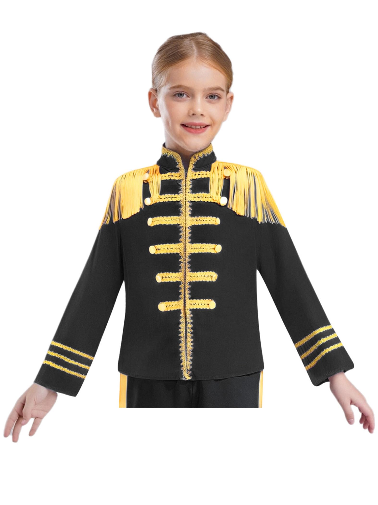 Raenseen Kids Girls Boys Long Sleeve Military Drummer Parade Jacket Hippie Music Star 1960s Uniform SGT Sergeant Pepper Coat Black 13-14 Years