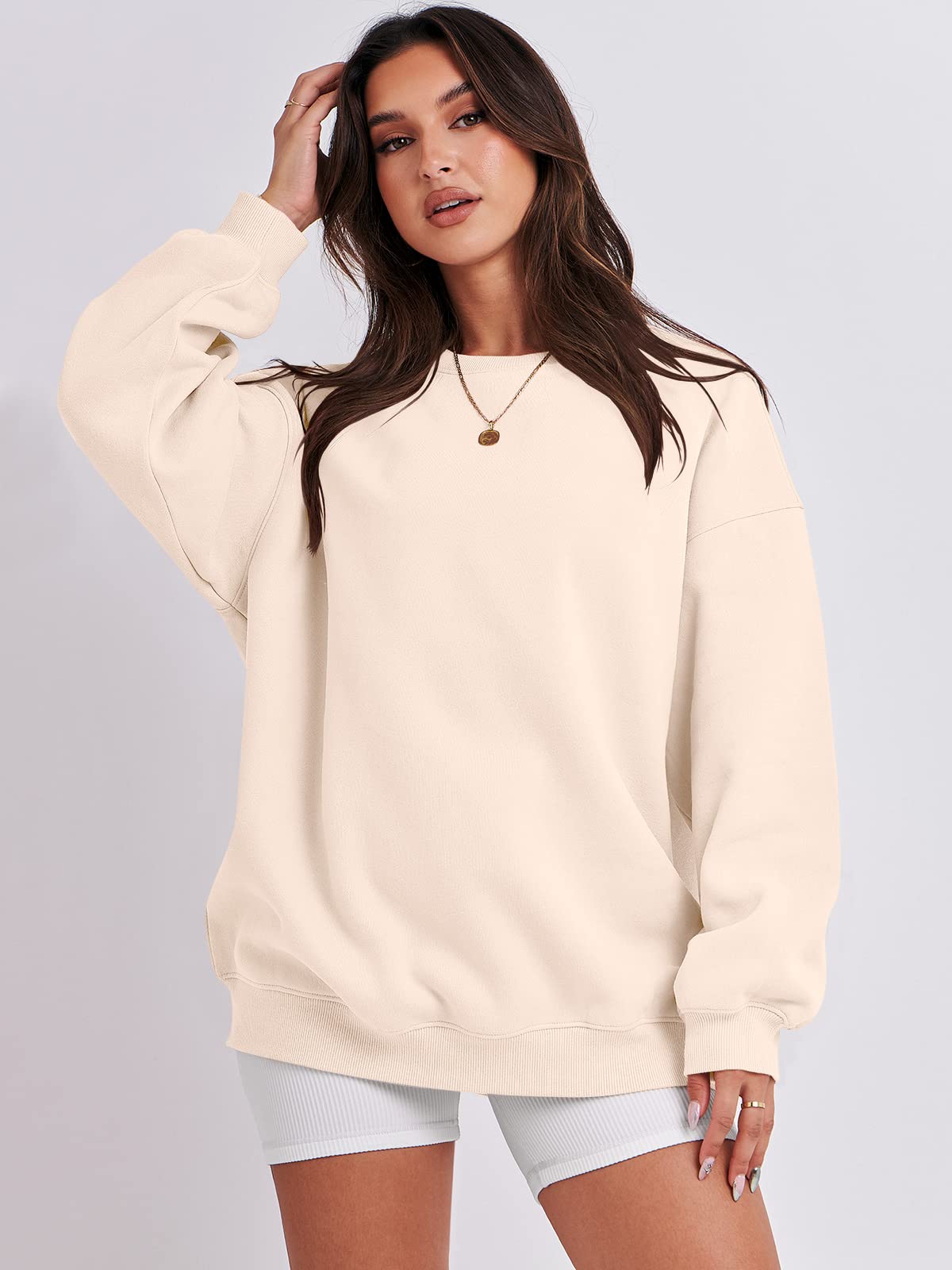 Damskie bluzy oversize bluzy z kapturem polar okrągły dekolt sweter top codzienne jesienne stroje preppy ubrania nastolatki 2024 A1019 światło, Jeden kolor, Apricot_S